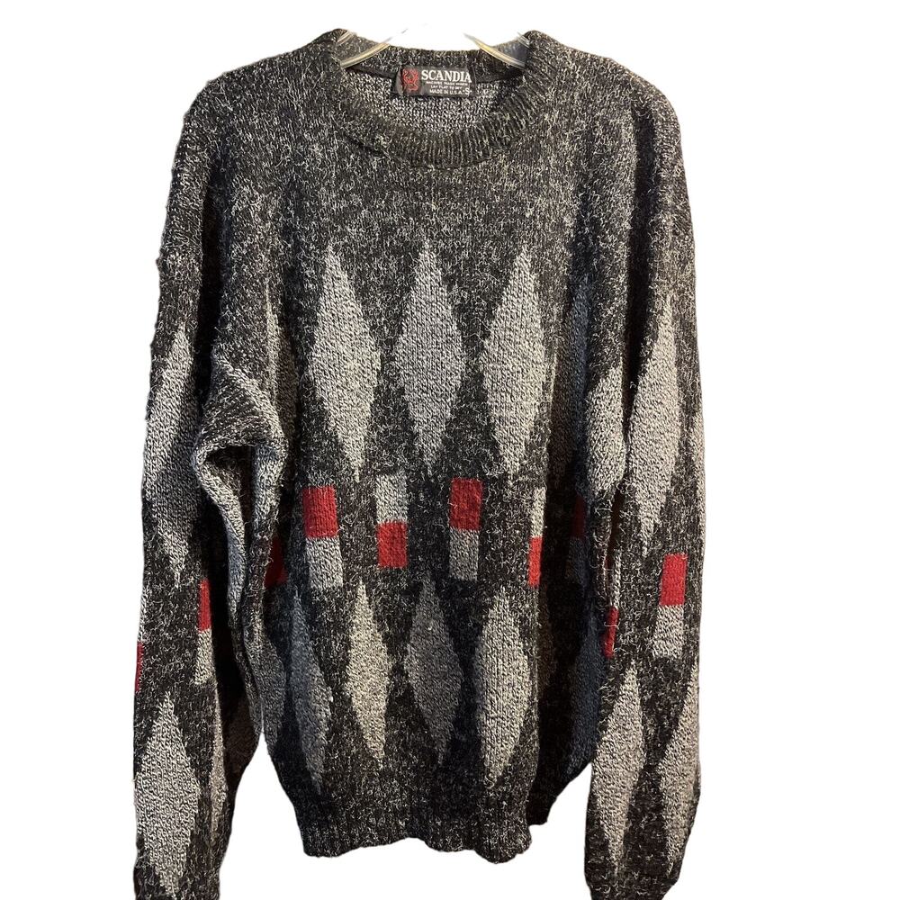 Scandia Vintage Men’s S Gray Red Argyle Long Sleeve Pullover Acrylic Sweater